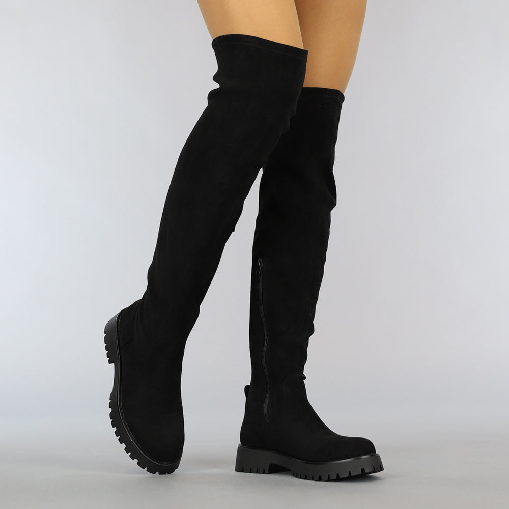 Zwarte Suède-Look Overknee Laarzen met Grove Zool