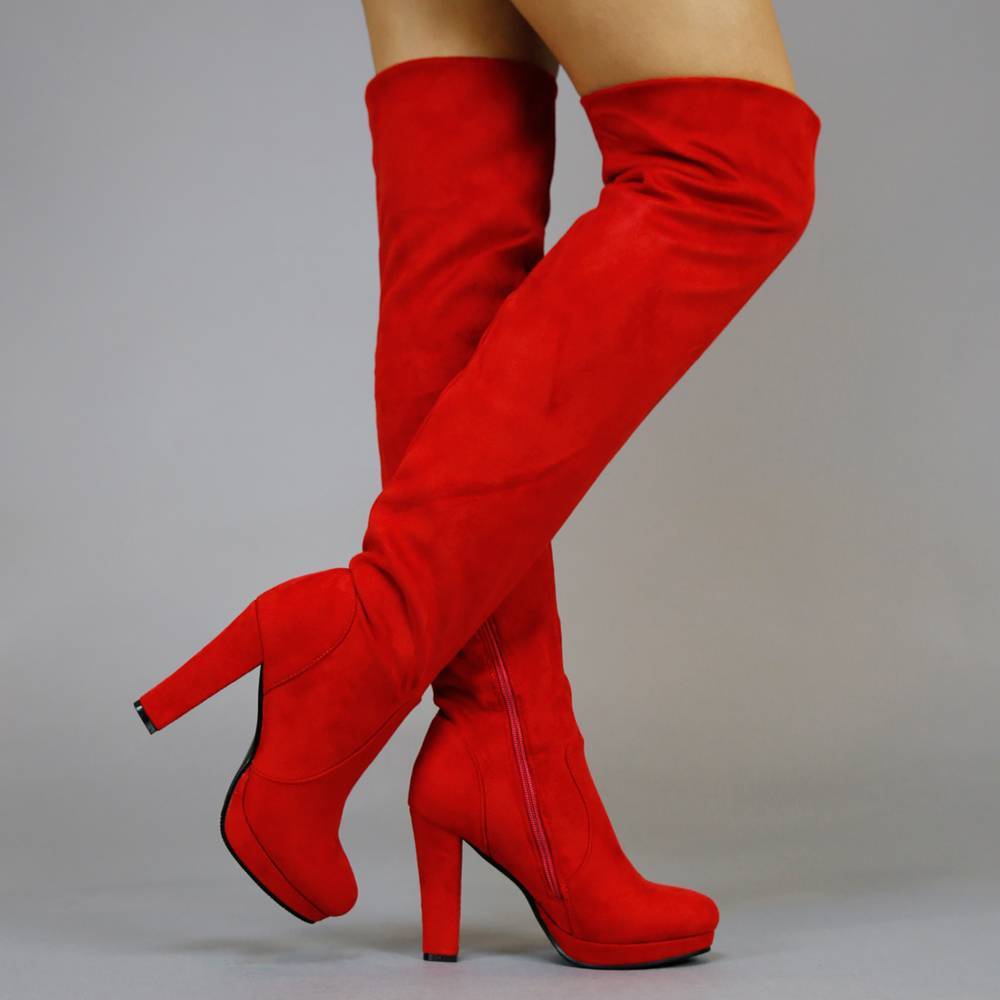 Suède-Look Overknee Laarzen met Hak Rood