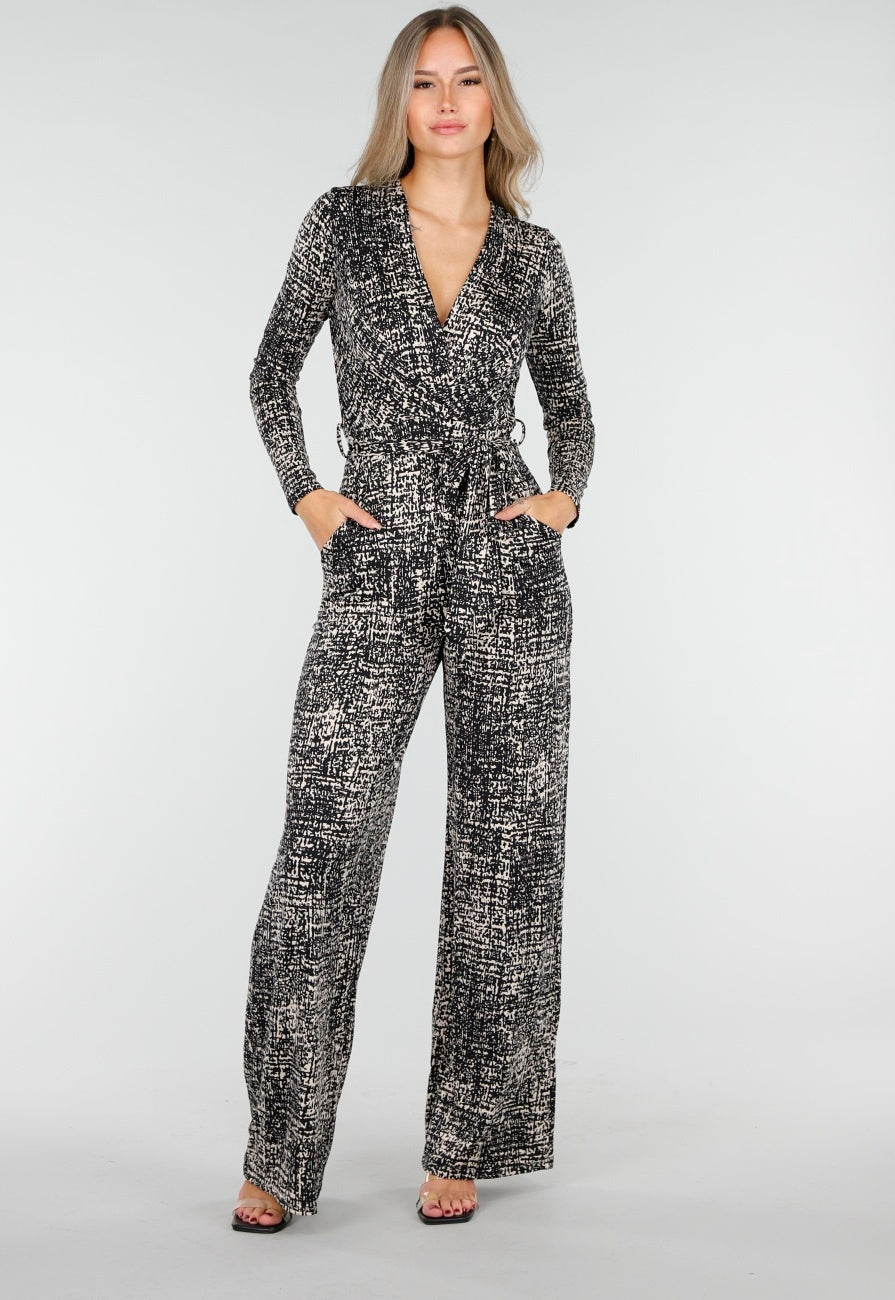 Zwart Beige Jumpsuit met Print en Ceintuur