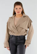 Beige Korte Trenchcoat met Schouderdetails en Knoopsluiting