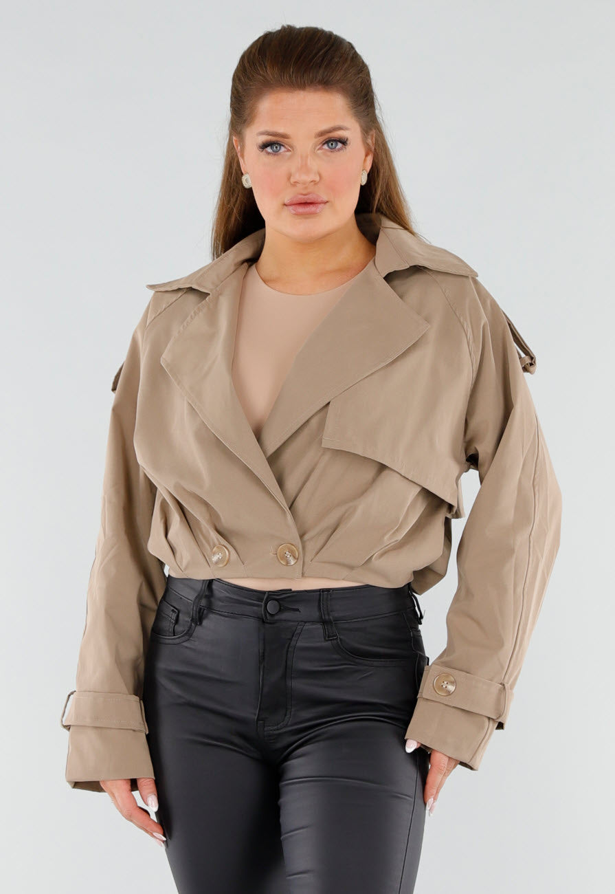 Beige Korte Trenchcoat met Schouderdetails en Knoopsluiting