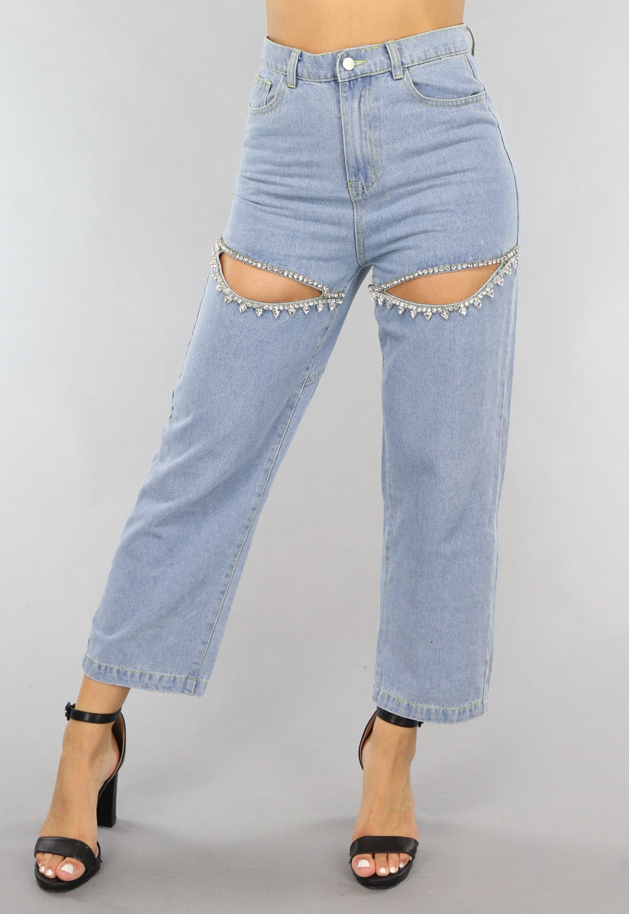 Blauwe Denim Straight Leg Jeans met Strass Steentjes