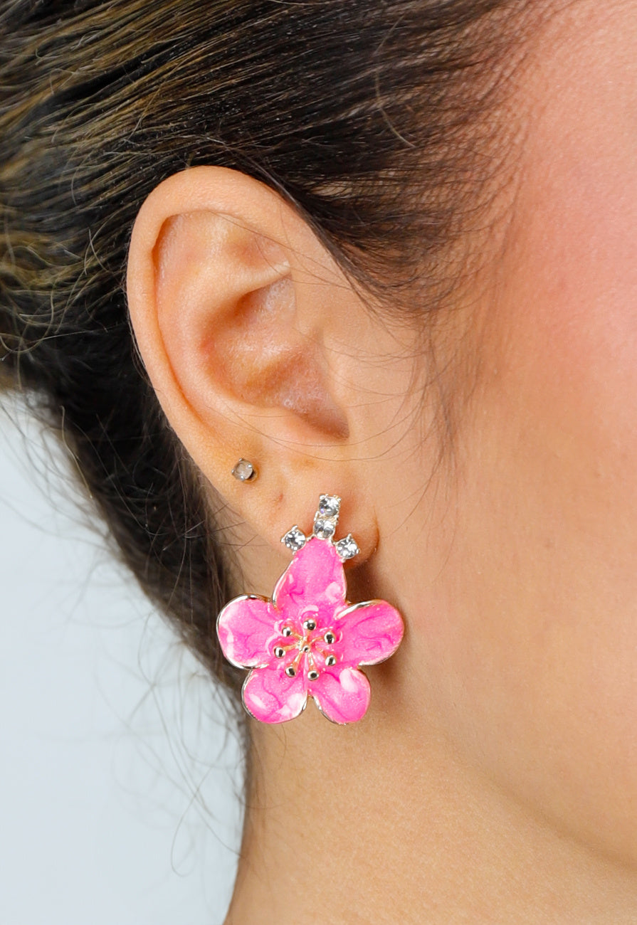 Gouden Oorbellen met Roze Bloem en Strass Steentjes
