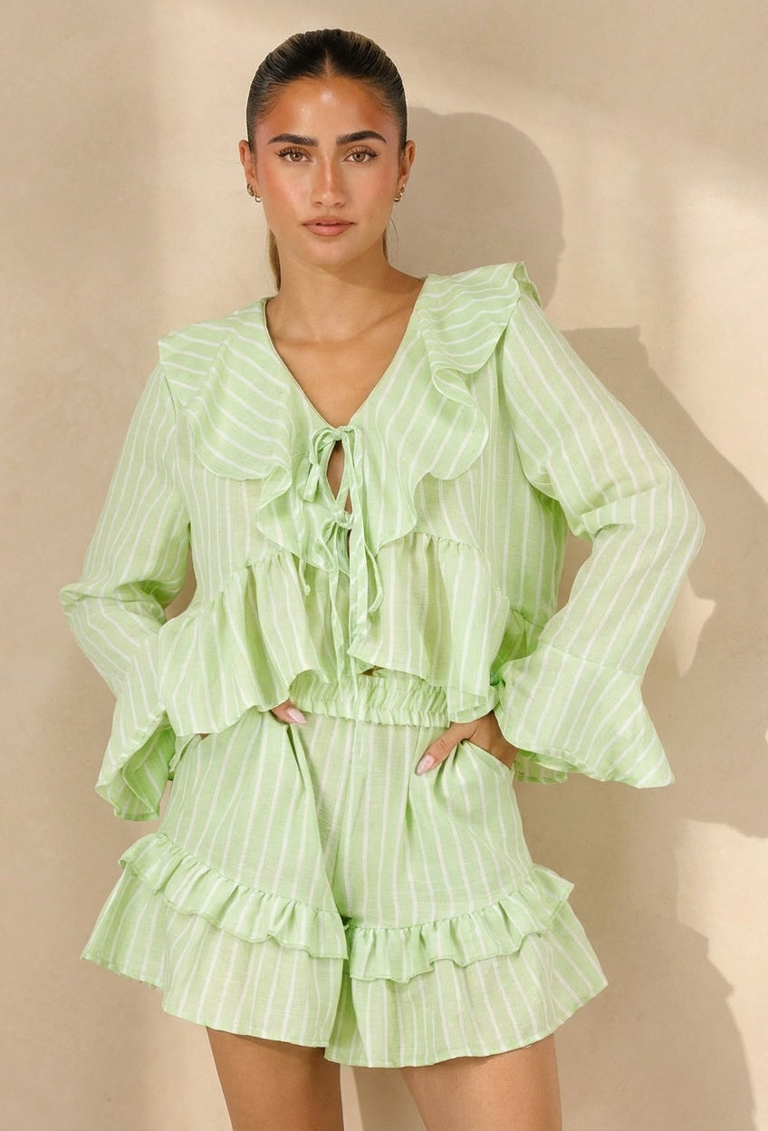 Lichtgroene Gestreepte Two Piece Set met Blouse en Rucheshort