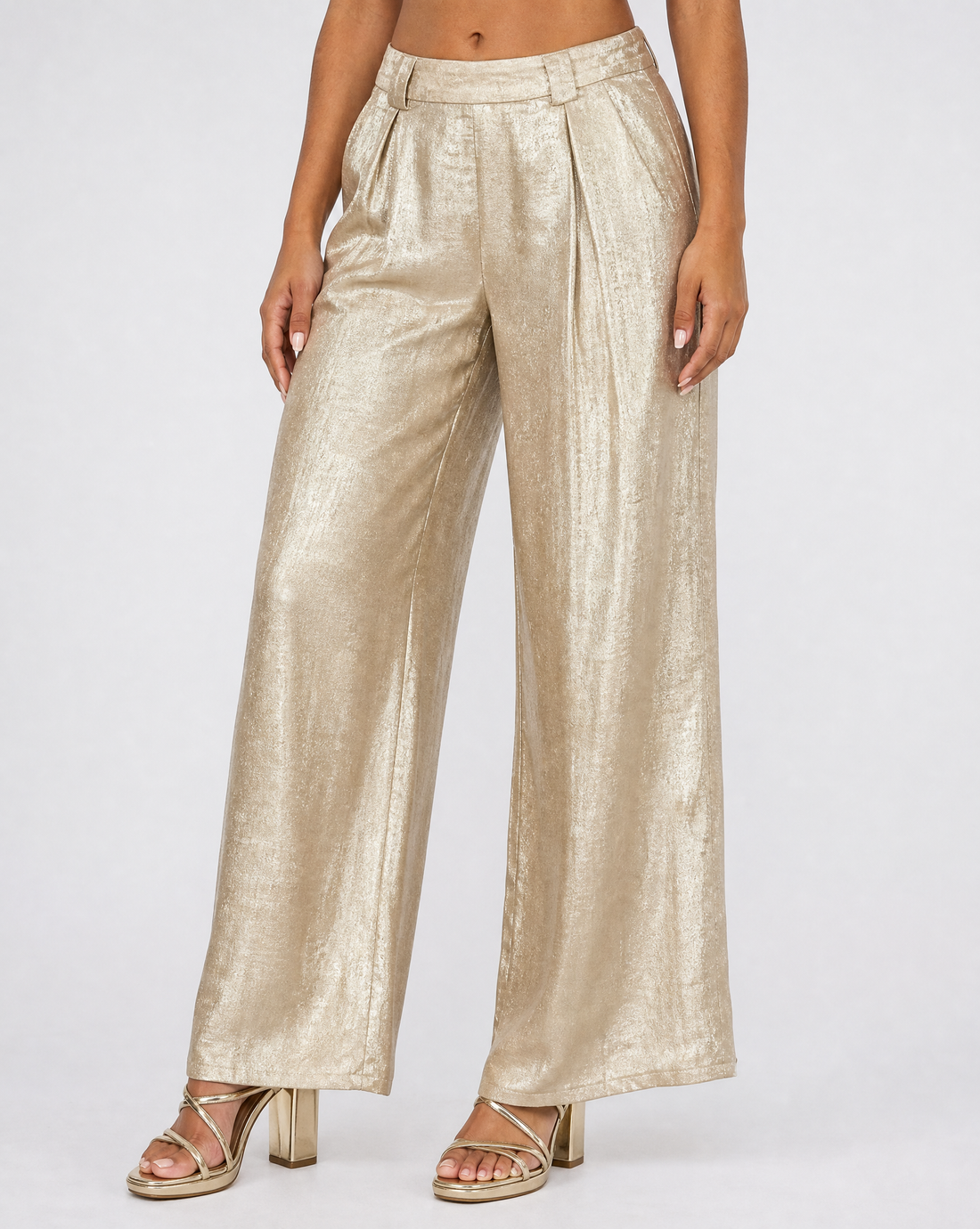 NEW010726 Gouden Wide Leg Broek met Plooien en Stretch Taille