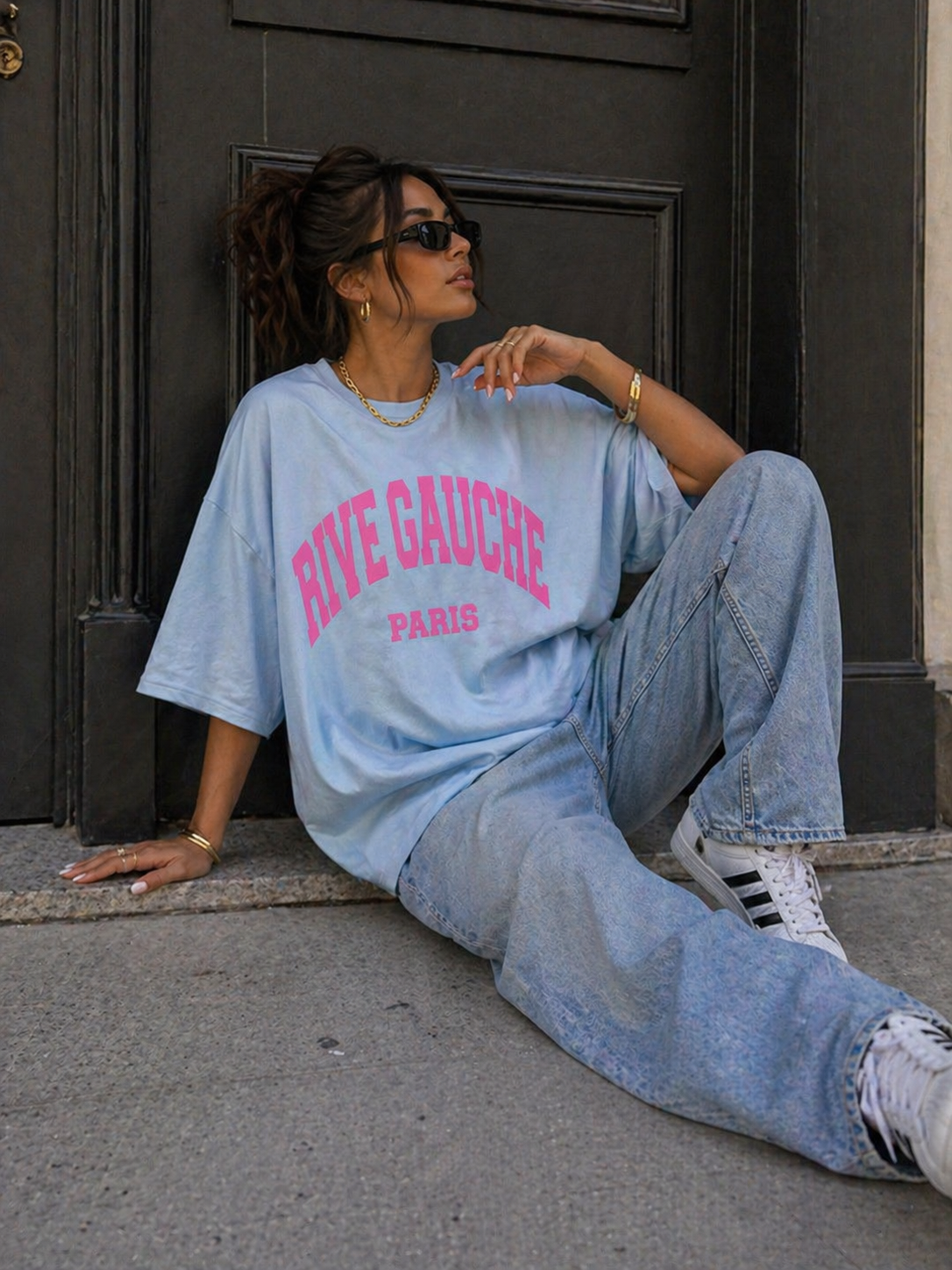 Lichtblauw Oversized T-Shirt met Roze Rive Gauche Tekstprint