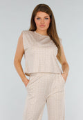 Beige Mouwloze Stretch Top met Schoudervulling en Ronde Hals