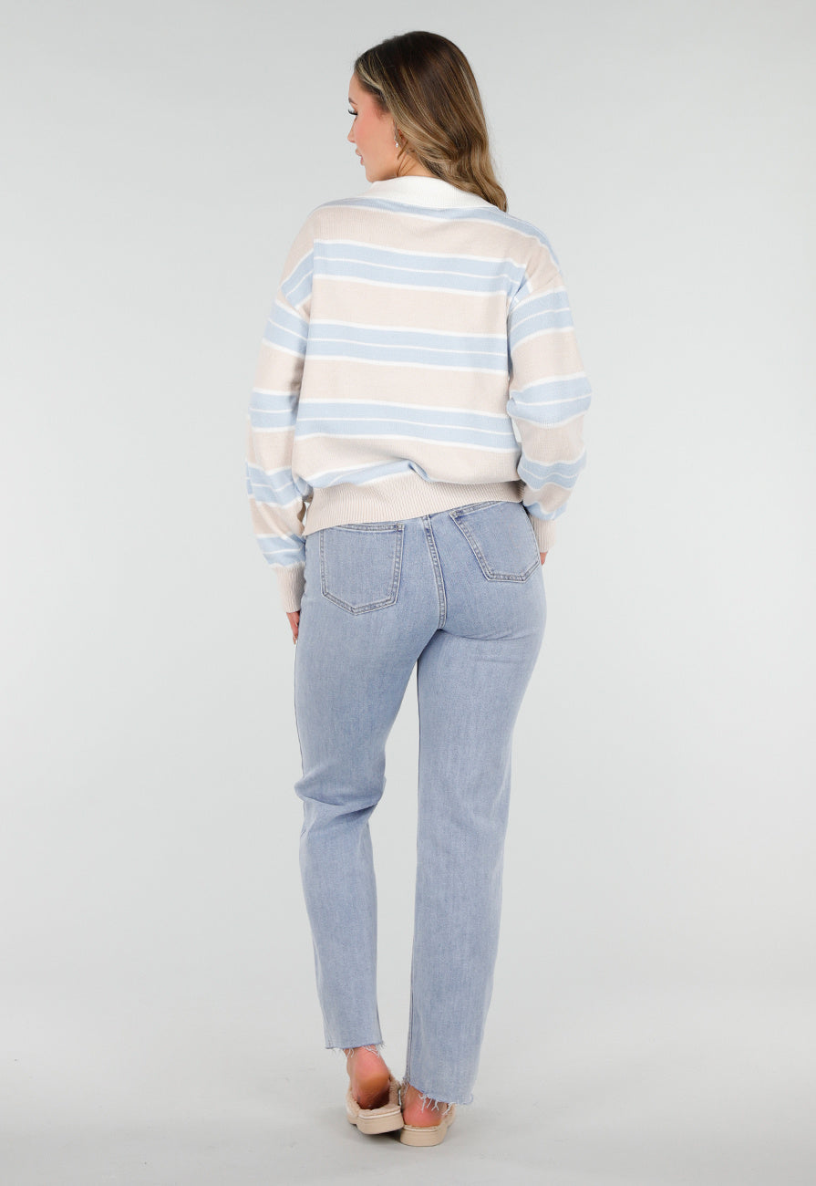 Beige met Blauw Gestreepte Polo Trui