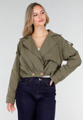Cropped Trenchcoat Olijfgroen met Brede Revers en Dubbele Knoopsluiting