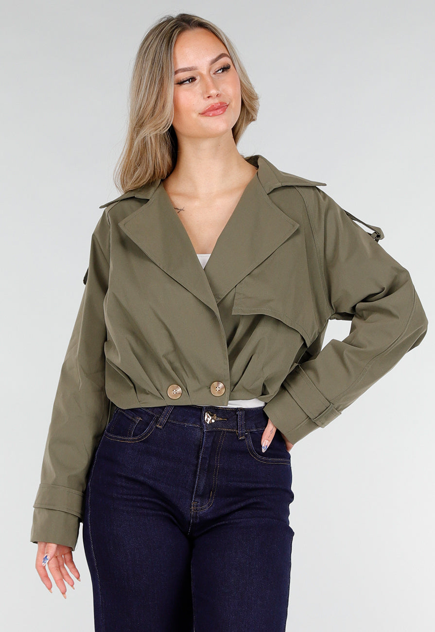 Cropped Trenchcoat Olijfgroen met Brede Revers en Dubbele Knoopsluiting