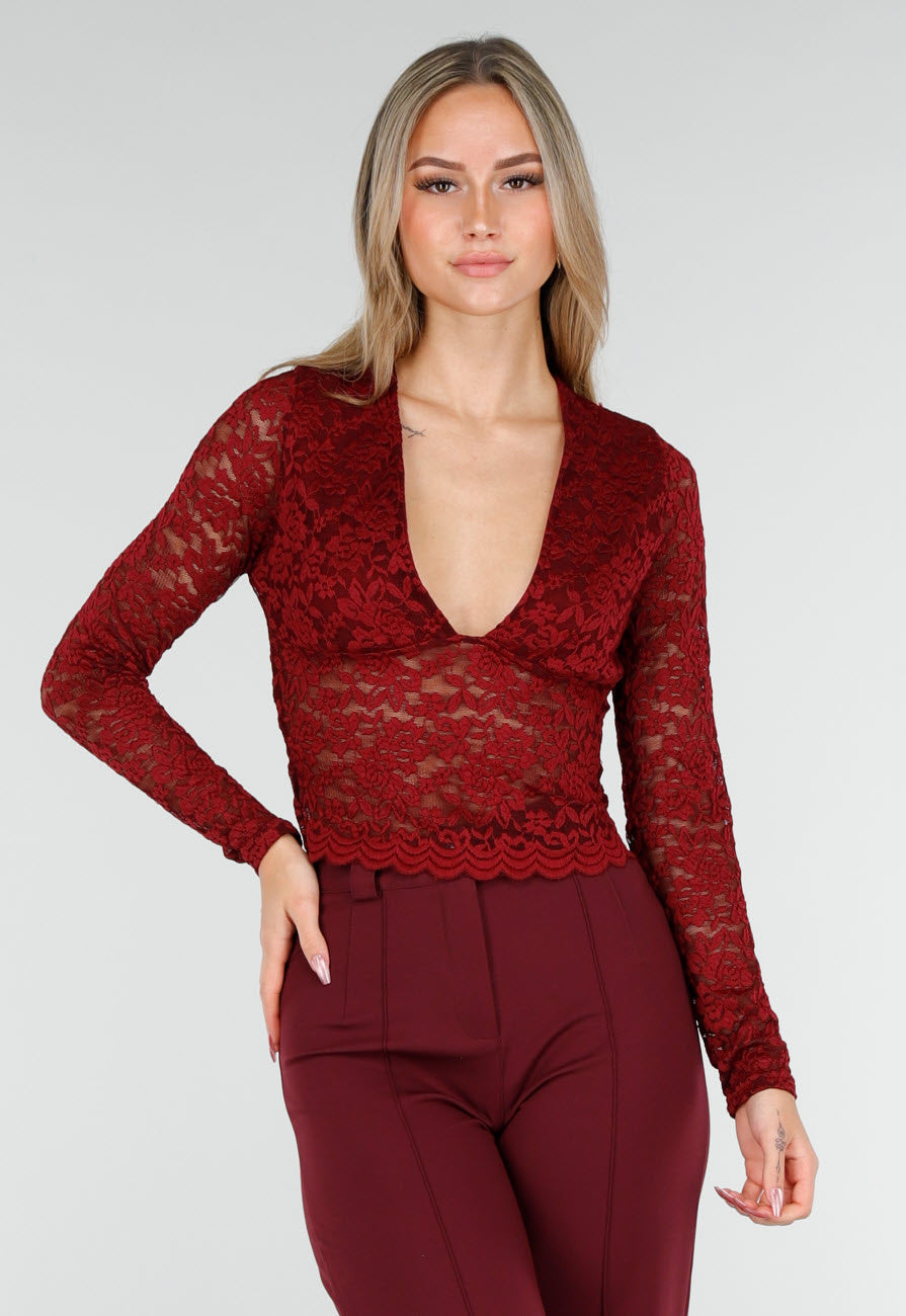 Bordeauxrode Crop Top met Kant en Lange Mouwen