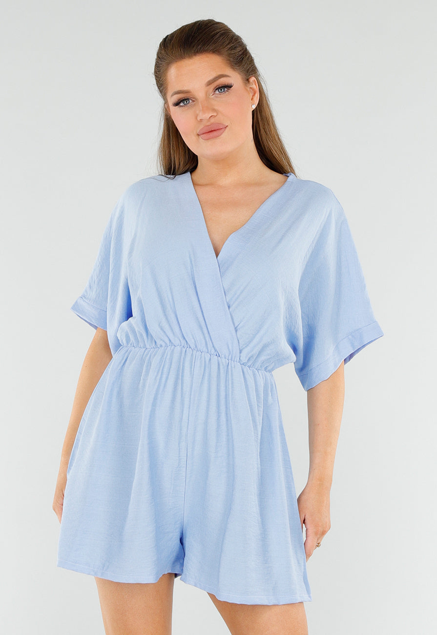 Lichtblauwe Playsuit met V-Hals, Elastische Taille en Linnenlook