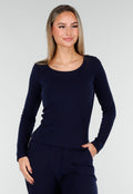 Donkerblauwe Zachte Stretch Top met Ronde Hals en Lange Mouwen