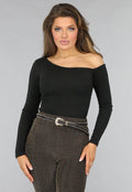 Zwarte One Shoulder Ribstof Top met Shimmer