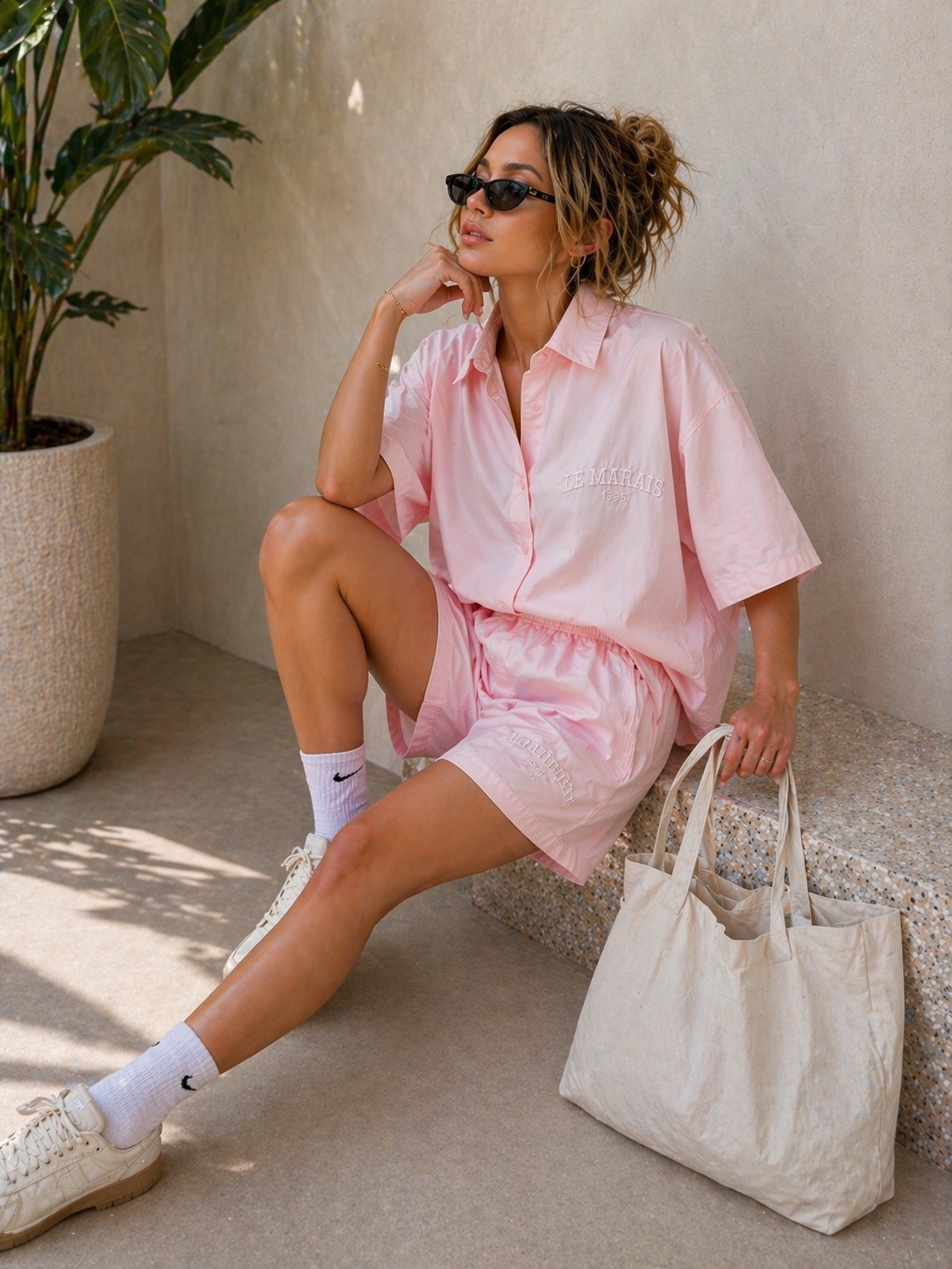 Lichtroze Blouse Set met Korte Mouwen en Shorts