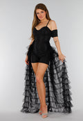 Zwarte Stretch Playsuit met Zwarte Strass Steentjes en Tule Rok