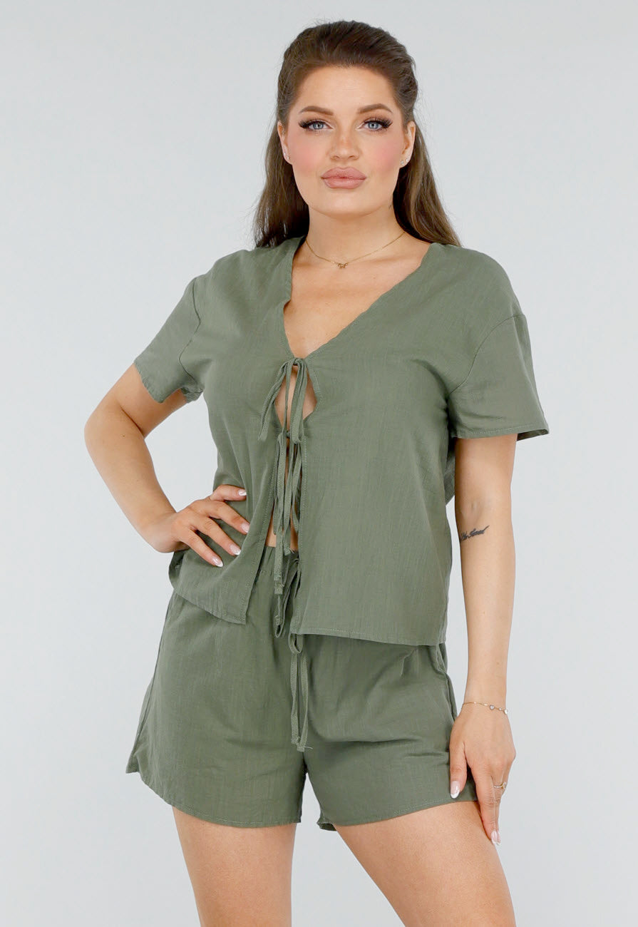 Katoenen Khaki Tweedelige Set met Dubbele Strik en Short