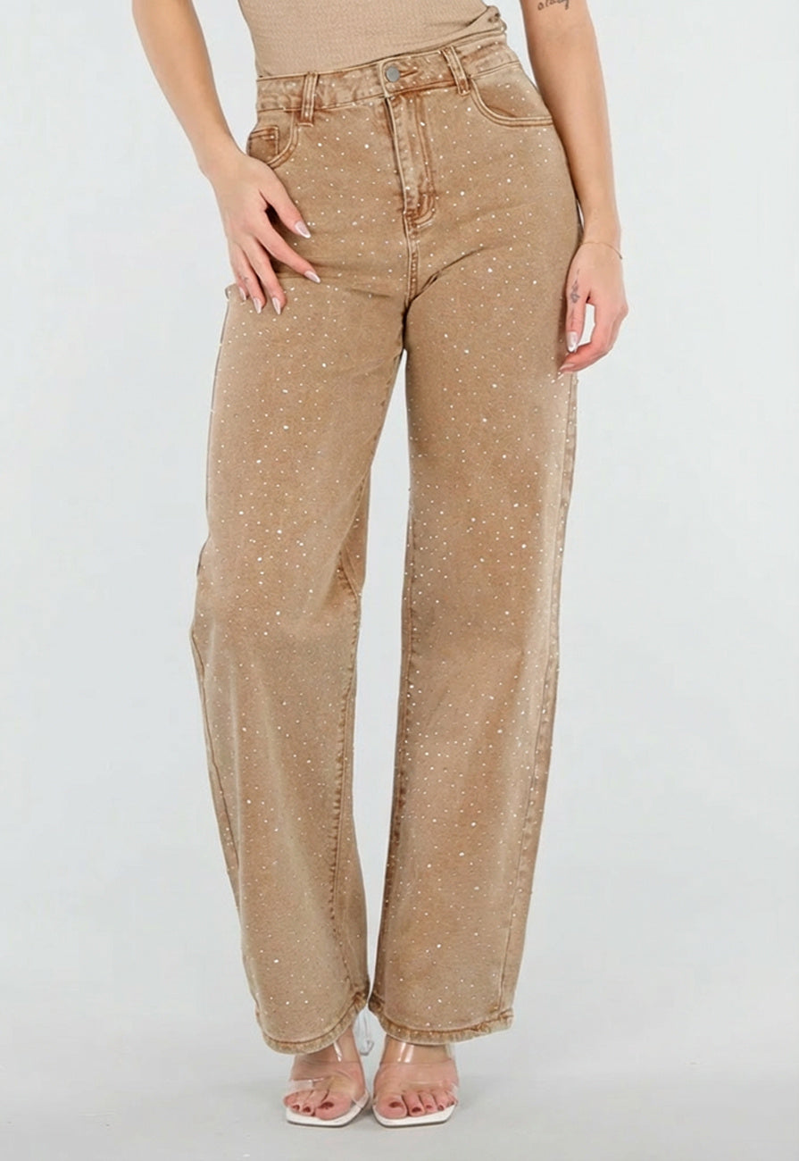 Camel Wide Leg Jeans met Strass en Hoge Taille