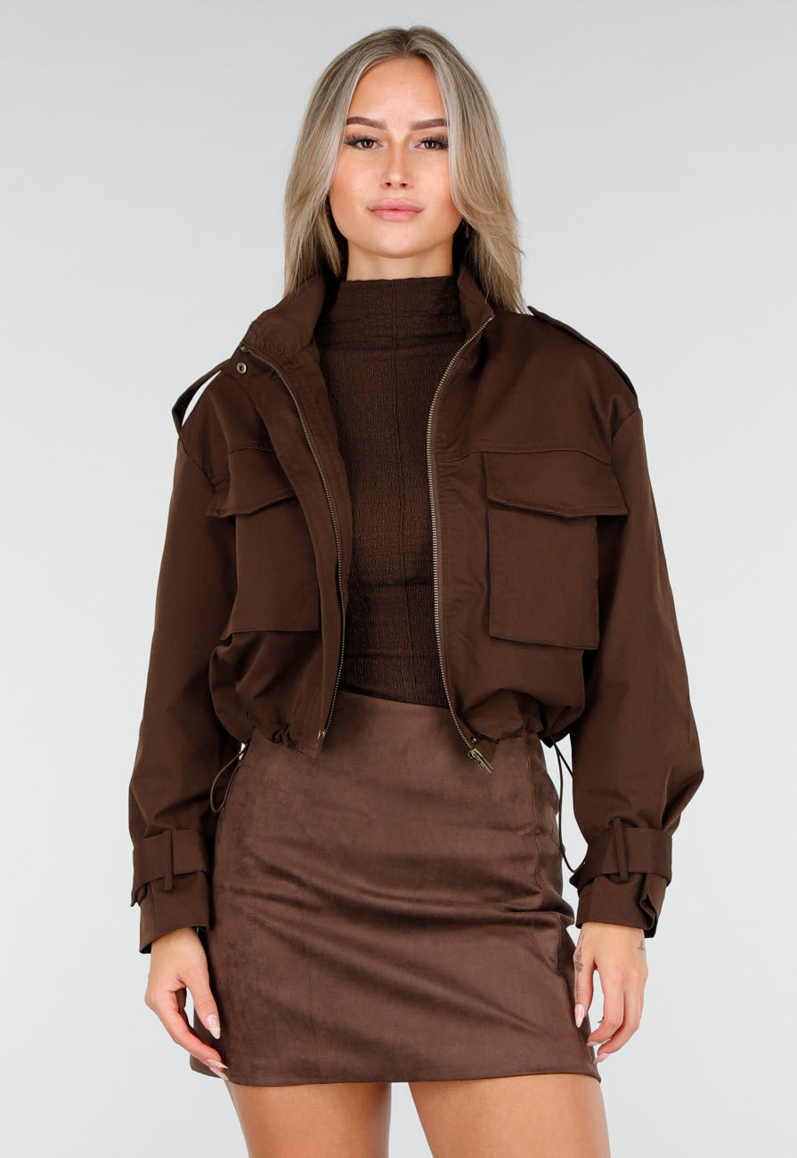 Cropped Bruine Jas met Rits en Grote Zakken