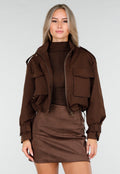Cropped Bruine Jas met Rits en Grote Zakken