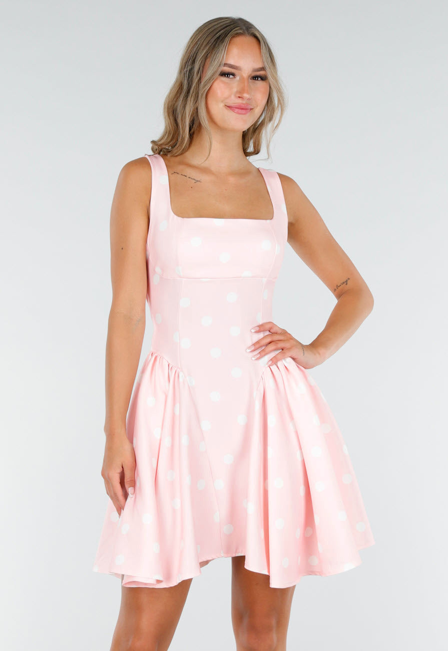 Lichtroze Polkadot Jurk met Vierkante Hals en Strik