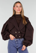 Donkerbruin Cropped Jasje met Pofmouwen en Gouden Knopen