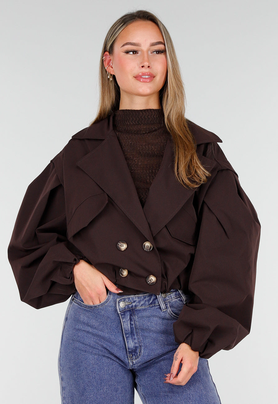 Donkerbruin Cropped Jasje met Pofmouwen en Gouden Knopen