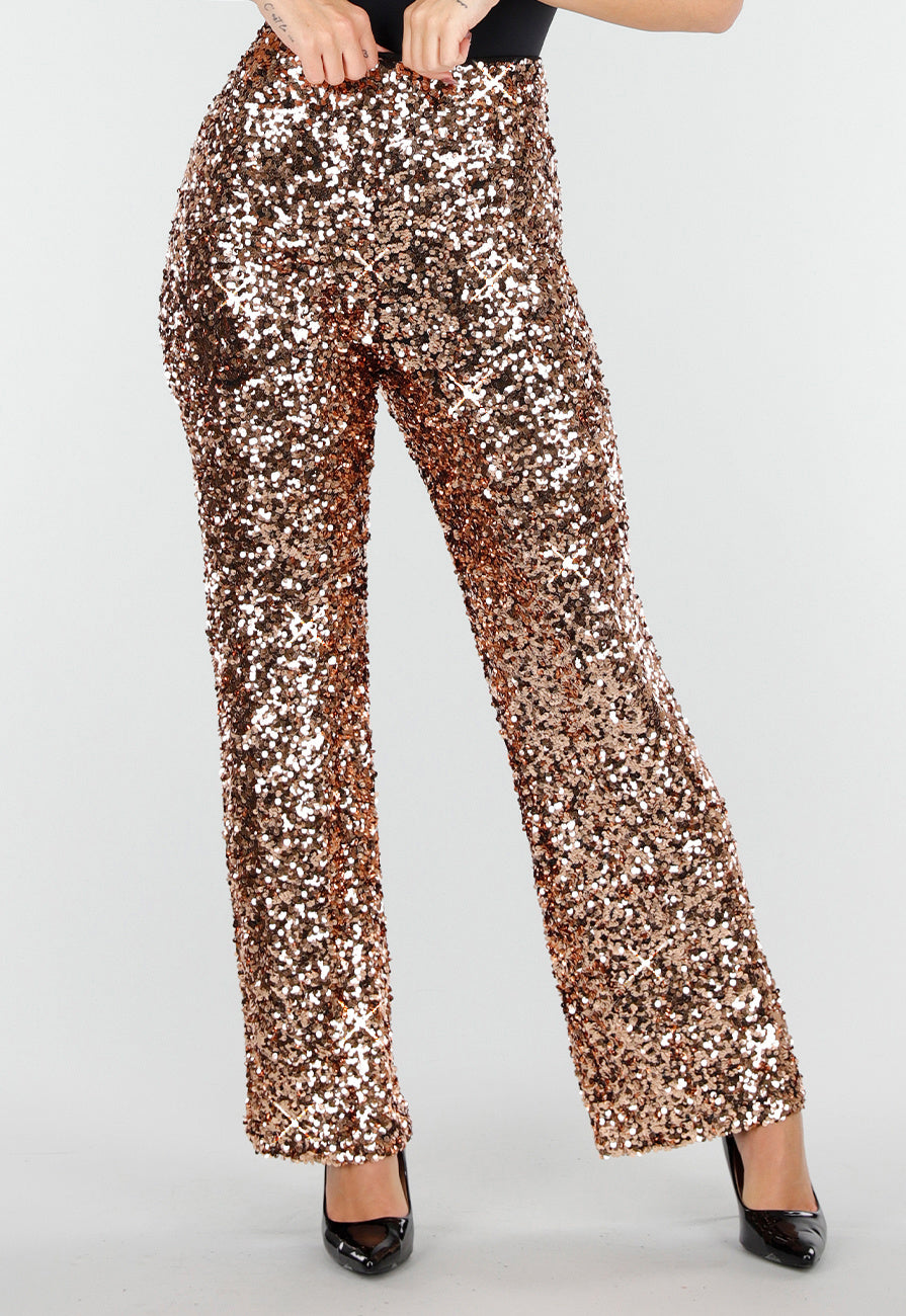 Goudkleurige Pailletten Broek met Hoge Taille en Rechte Pijpen