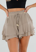 NEW050826 Beige Ruffle Skort met Elastische Taille en Strikkoord