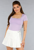 Lila Stretch Shirt met Vierkante Hals en Korte Mouwen