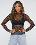 Zwarte Transparante Mesh Top met Hartjes en Lange Mouwen