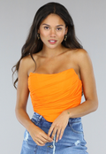 Oranje Mesh Korset Top met Gedrapeerd Detail