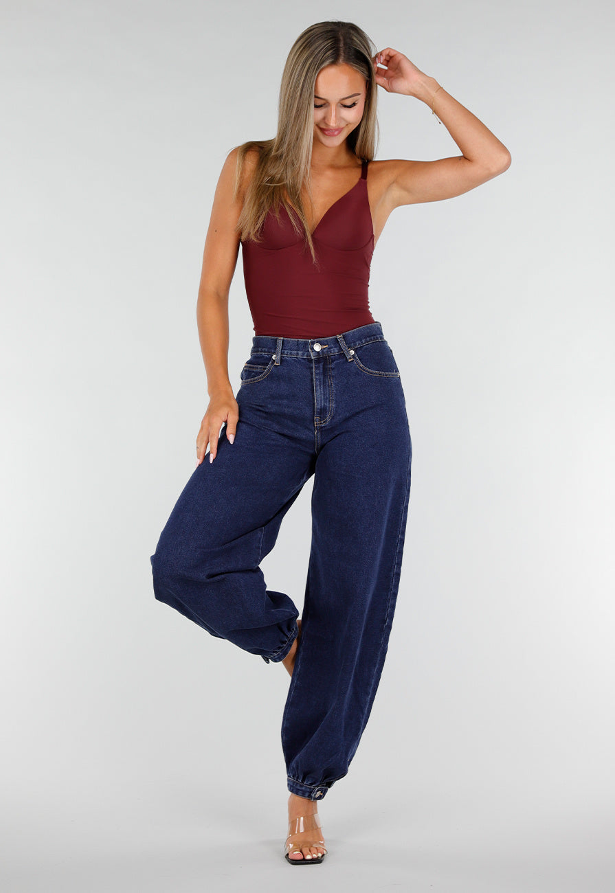 NEW020926 Donkerblauwe Denim Barrel Jeans met Wijde Pijpen en Elastische Enkelboorden