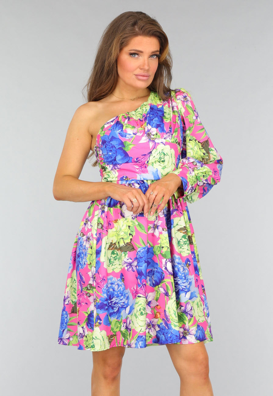 Kleurrijke One Shoulder Jurk met Bloemenprint