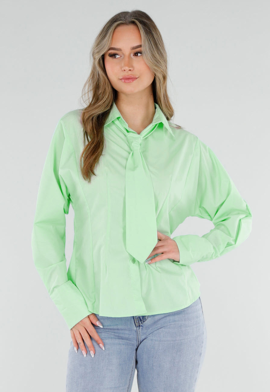 Mintgroene Blouse met Stropdas en Lange Mouwen