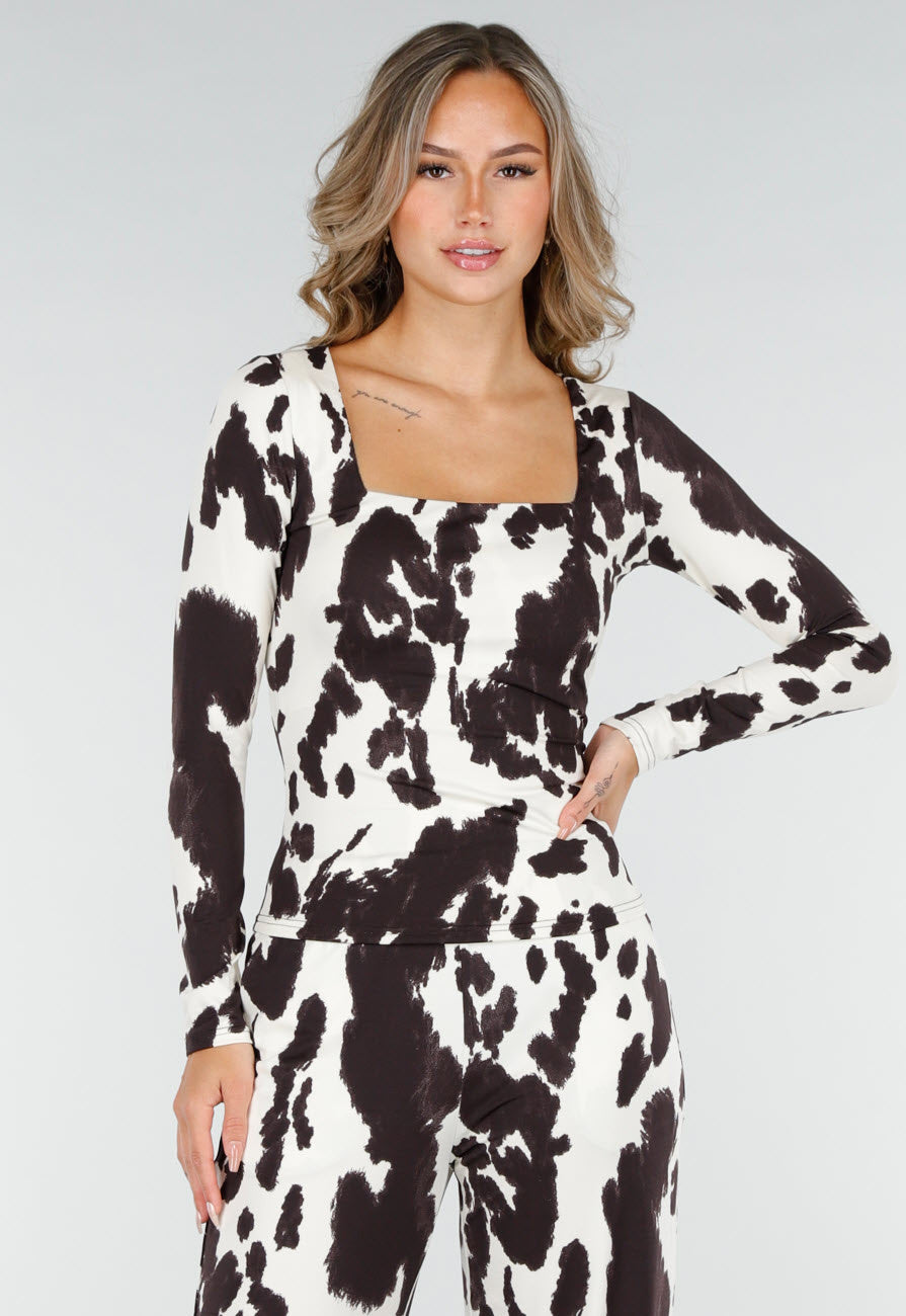 Bruine Koeienprint Top met Lange Mouwen