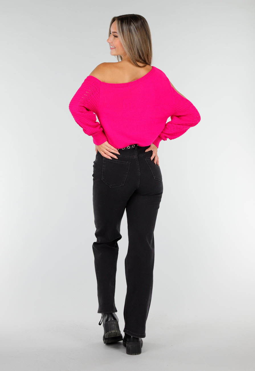 Fuchsia Gebreide Trui met Cut Out en Off Shoulder