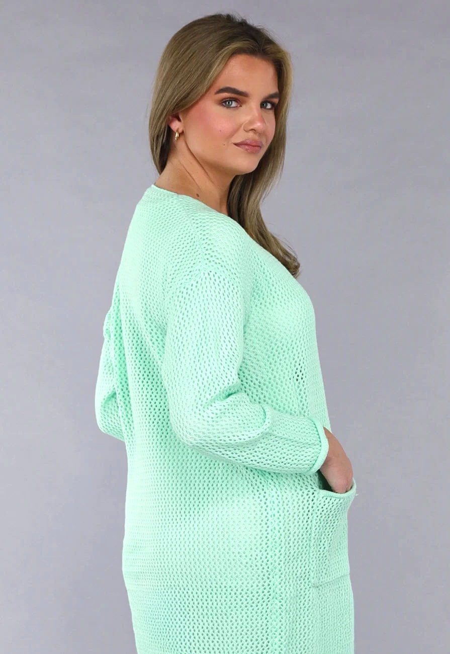 Oversized Mintgroen Gebreid Vest met Knopen en Zakken