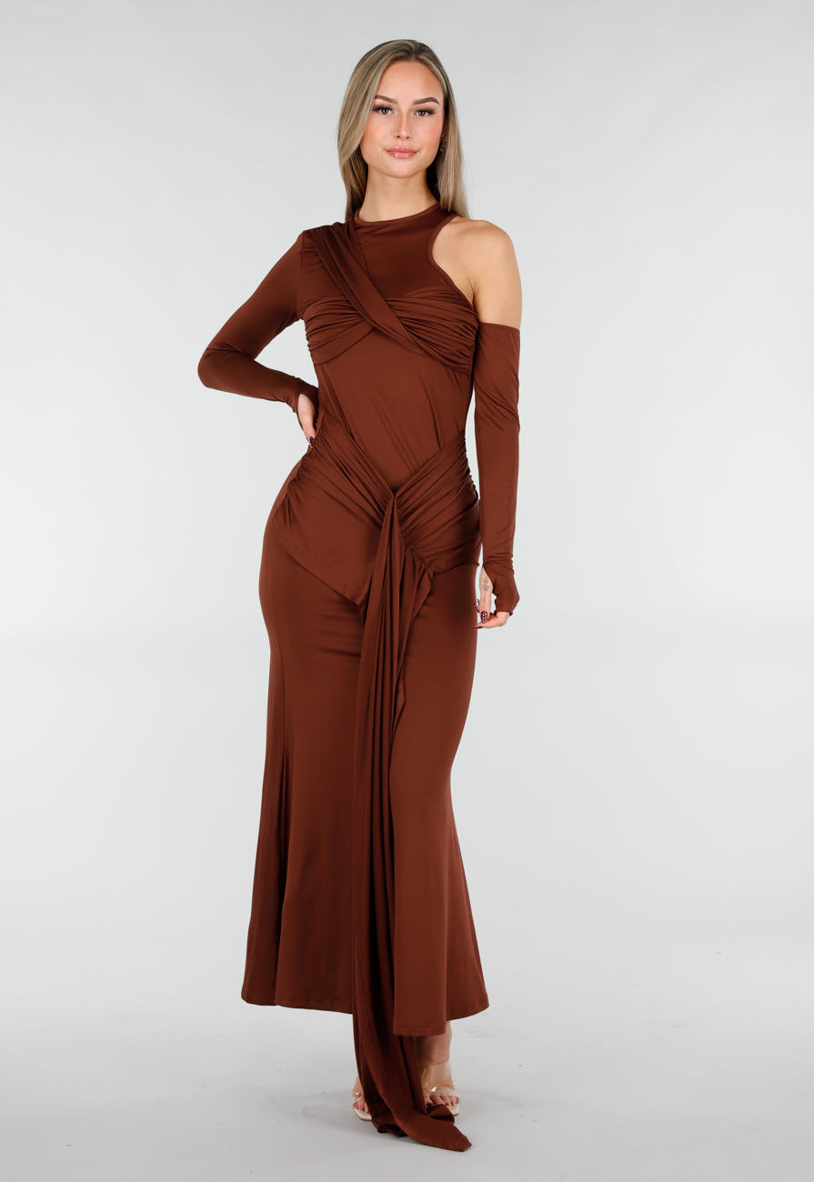 Bruine Asymmetrische Maxi Jurk met Cut Out en Draping