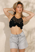 Zwarte Gehaakte Halter Top met Open Patroon en Kwastjes