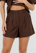 NEW190826 Donkerbruine Plooi Short met Elastische Tailleband
