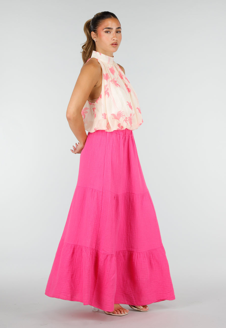 Roze Mousseline Maxi Rok met Elastische Taille