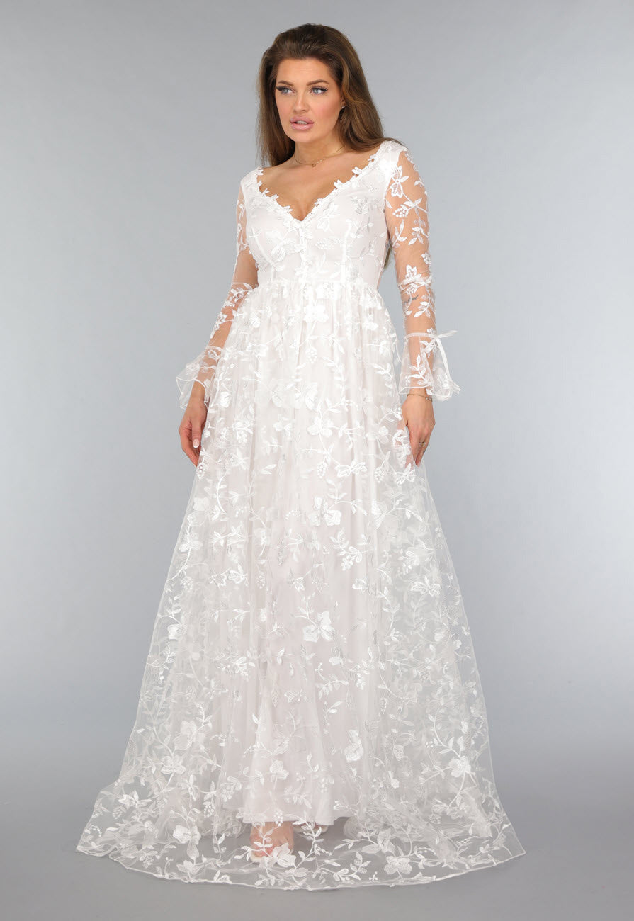 Lange Witte Bridal Jurk met Bloemen