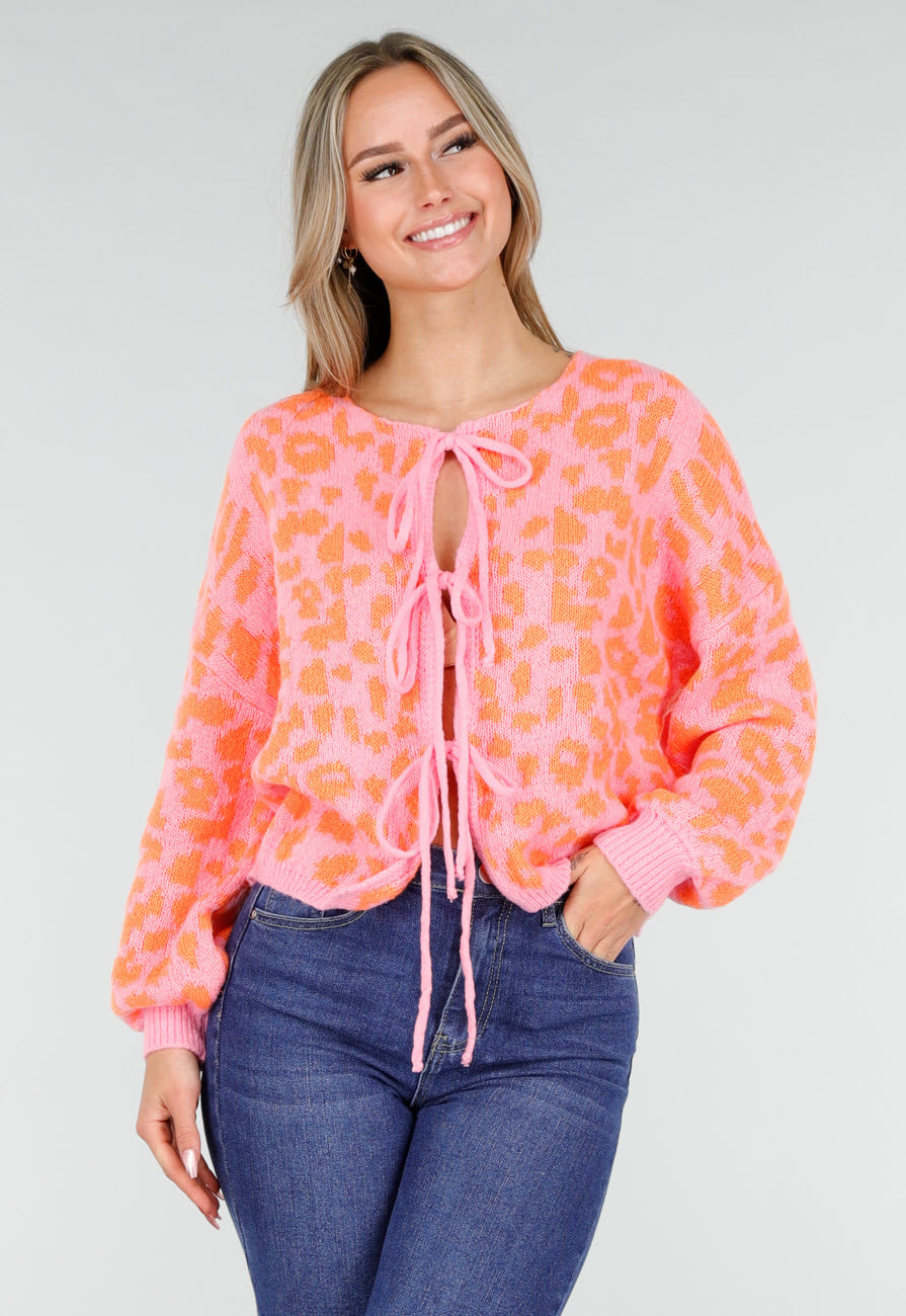 Neonroze Panterprint Trui met Striksluiting aan de Voorkant
