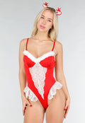 Rode Kerst Lingerie Body met Kant en Rendier Oortjes