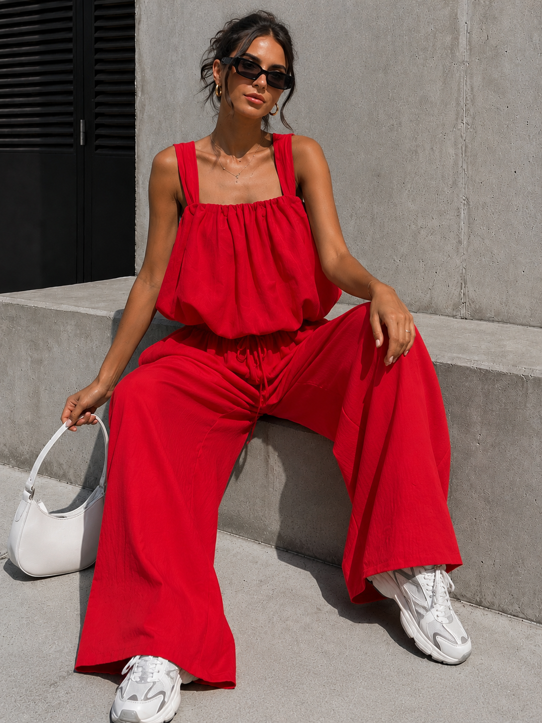 NEW150726 Rode Stretch Two Piece Set met Mouwloze Top en Wide Leg Broek