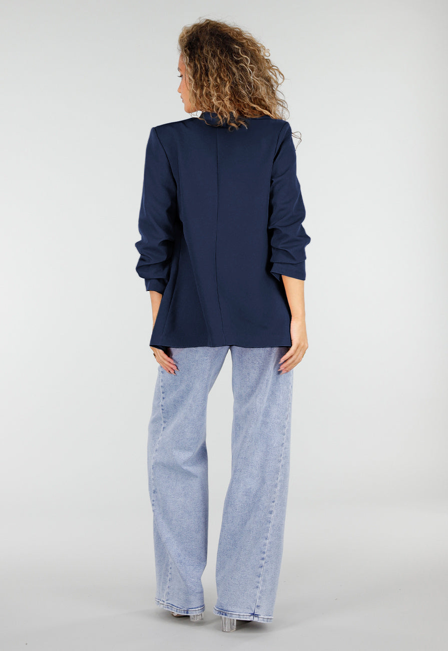 Marine Blauwe Blazer met Geplooide Driekwart Mouwen