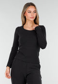 Grijze Zachte Stretch Top met Ronde Hals en Lange Mouwen
