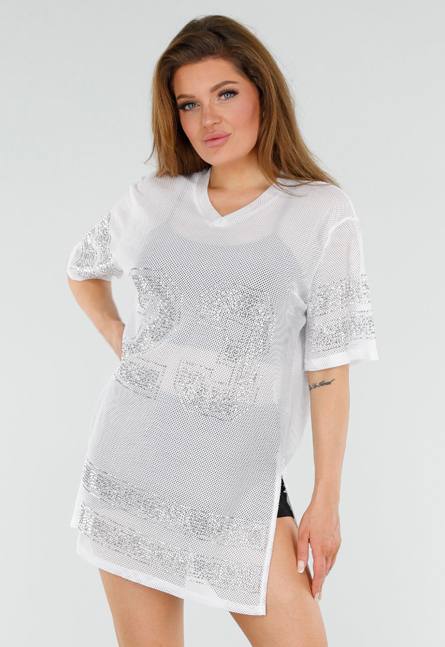 Witte Mesh T-Shirtjurk met Zilveren Glitters en Jerseyprint