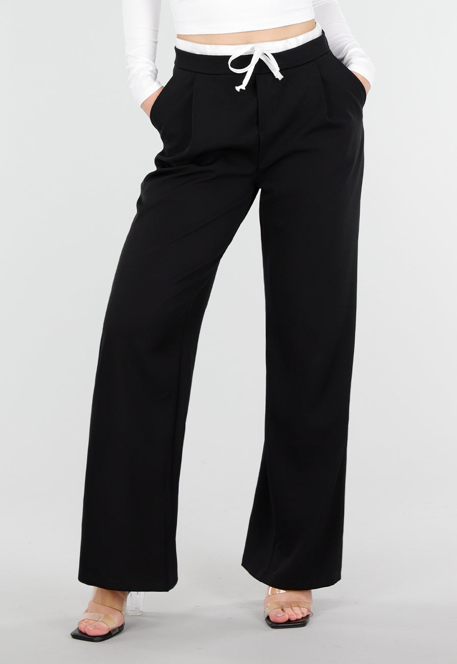 Zwarte Wide Leg Broek met Witte Tailleband en Strikdetail